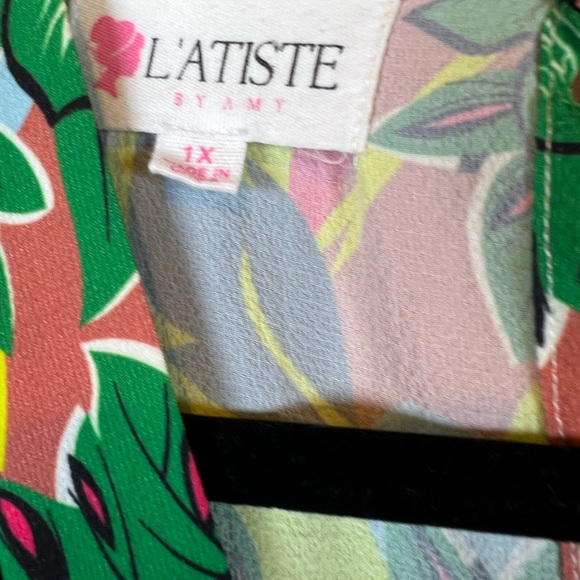 L'ATISTE Vibrant Tropical Pant Jumper. Amazing color wide leg v-neck. Size 1X - Picture 3 of 6